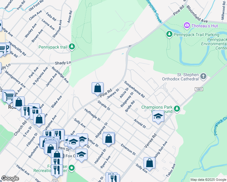map of restaurants, bars, coffee shops, grocery stores, and more near 8530 Jeanes Street in Philadelphia
