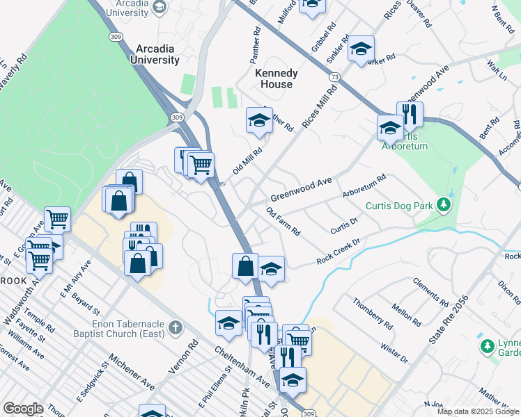 map of restaurants, bars, coffee shops, grocery stores, and more near 1140 Greenwood Avenue in Wyncote