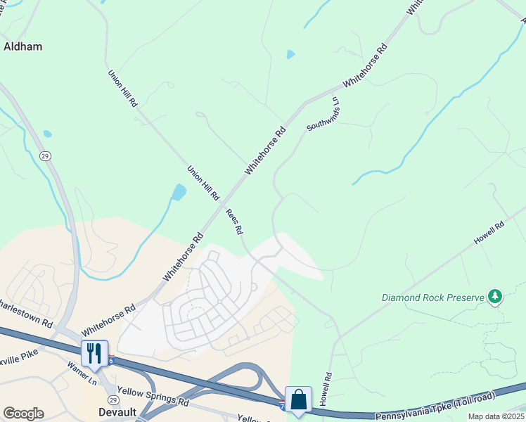 map of restaurants, bars, coffee shops, grocery stores, and more near 12 Great Woods Lane in Malvern