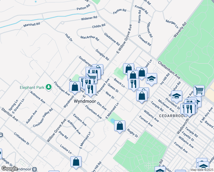 map of restaurants, bars, coffee shops, grocery stores, and more near 7814 Queen Street in Wyndmoor