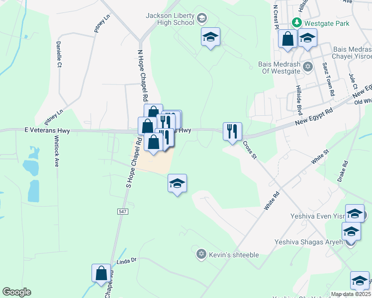map of restaurants, bars, coffee shops, grocery stores, and more near 1174 East Veterans Highway in Jackson Township