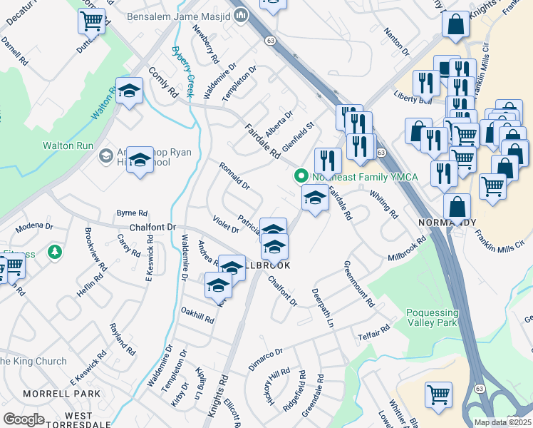 map of restaurants, bars, coffee shops, grocery stores, and more near 11107 Kirby Drive in Philadelphia