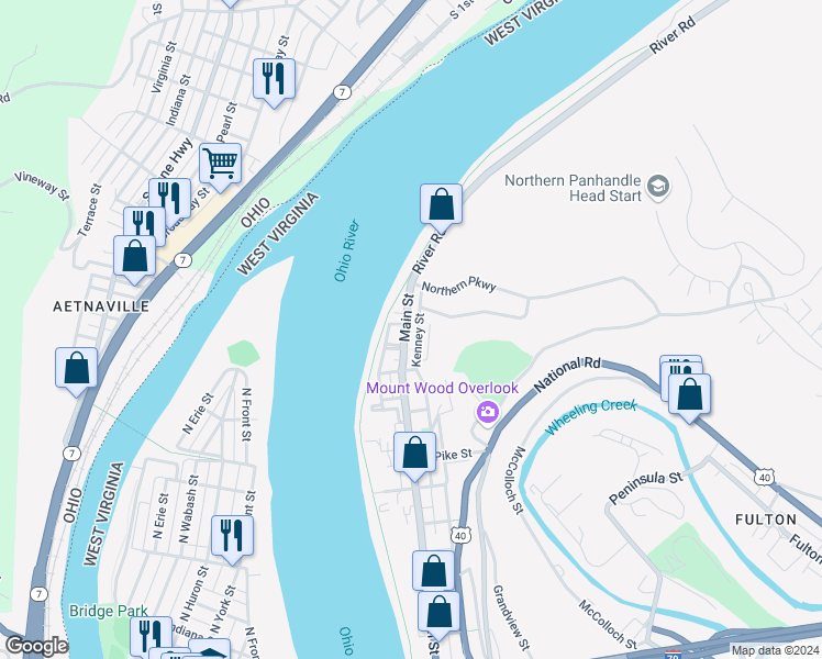 map of restaurants, bars, coffee shops, grocery stores, and more near 109 Kenney Street in Wheeling
