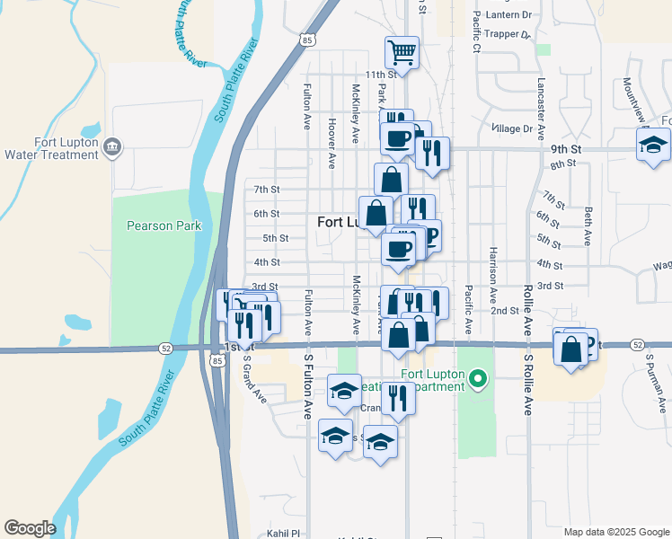 map of restaurants, bars, coffee shops, grocery stores, and more near 340 4th Street in Fort Lupton