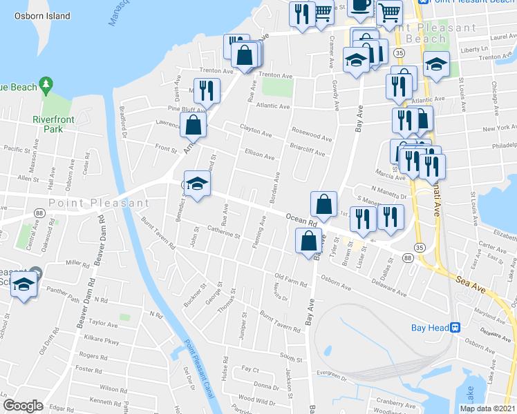 map of restaurants, bars, coffee shops, grocery stores, and more near 904 Highway 88 in Point Pleasant