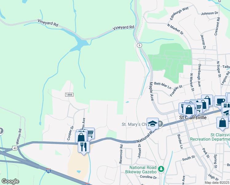 map of restaurants, bars, coffee shops, grocery stores, and more near in Saint Clairsville
