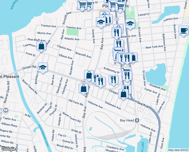 map of restaurants, bars, coffee shops, grocery stores, and more near 1120 Bay Avenue in Point Pleasant