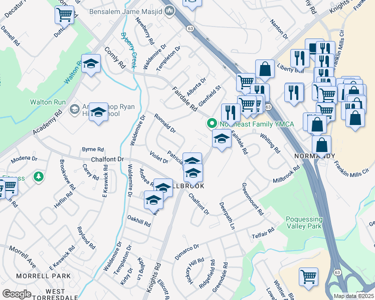 map of restaurants, bars, coffee shops, grocery stores, and more near 3972 Lancelot Place in Philadelphia
