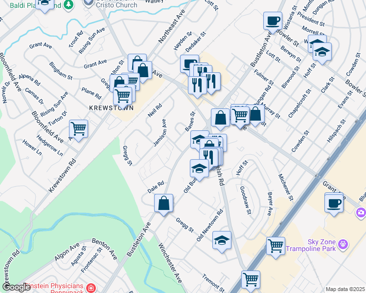 map of restaurants, bars, coffee shops, grocery stores, and more near 9304 Bustleton Avenue in Philadelphia