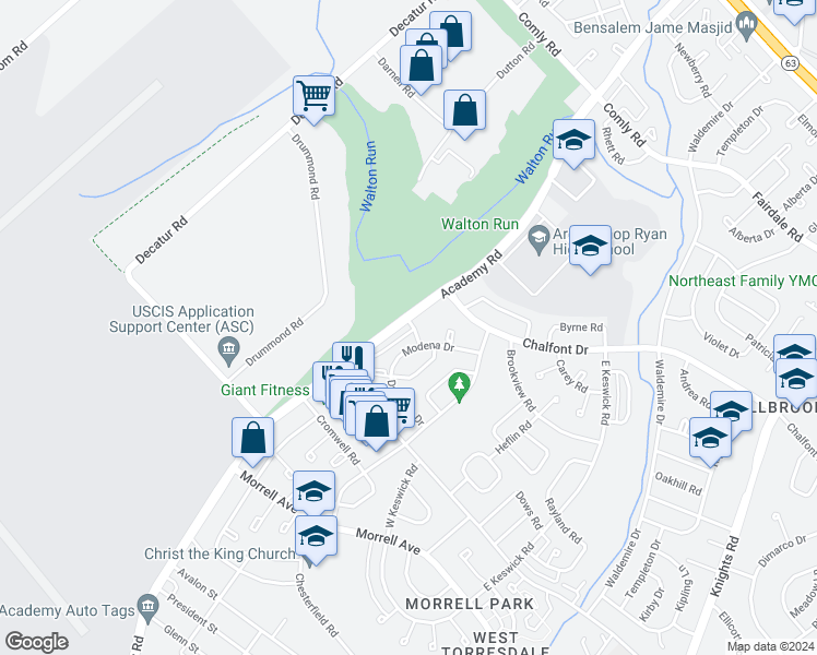 map of restaurants, bars, coffee shops, grocery stores, and more near 10869 Academy Road in Philadelphia