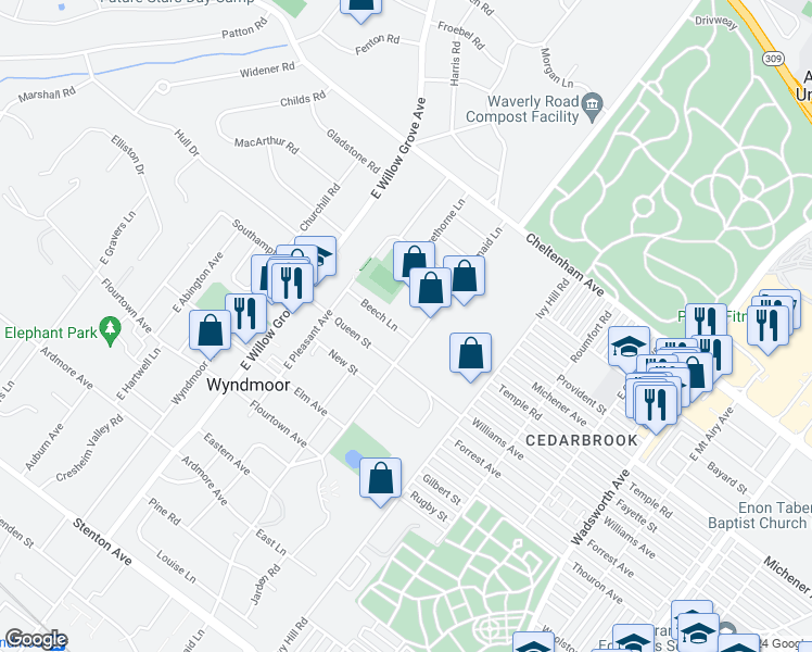 map of restaurants, bars, coffee shops, grocery stores, and more near 7705 Beech Lane in Wyndmoor