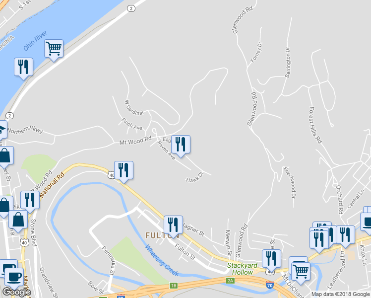 map of restaurants, bars, coffee shops, grocery stores, and more near 10 Wren Court in Wheeling
