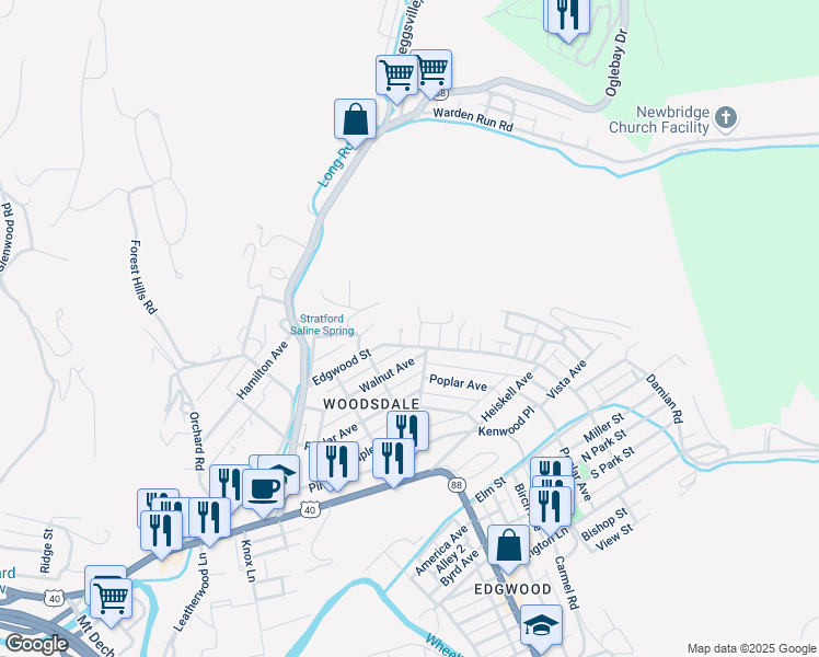 map of restaurants, bars, coffee shops, grocery stores, and more near 8 Woodlawn Ct in Wheeling