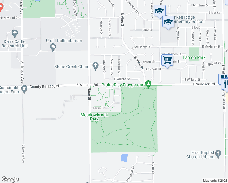 map of restaurants, bars, coffee shops, grocery stores, and more near Berns Drive in Urbana