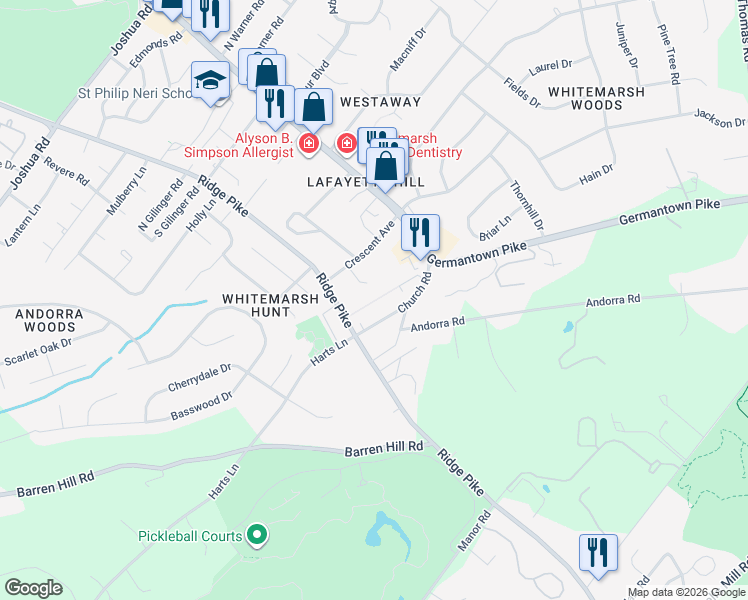 map of restaurants, bars, coffee shops, grocery stores, and more near 362 Ridge Pike in Lafayette Hill