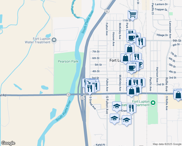 map of restaurants, bars, coffee shops, grocery stores, and more near 120 4th Street in Fort Lupton