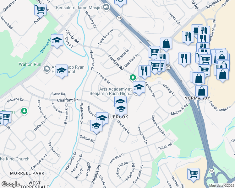 map of restaurants, bars, coffee shops, grocery stores, and more near 11107 Kirby Drive in Philadelphia