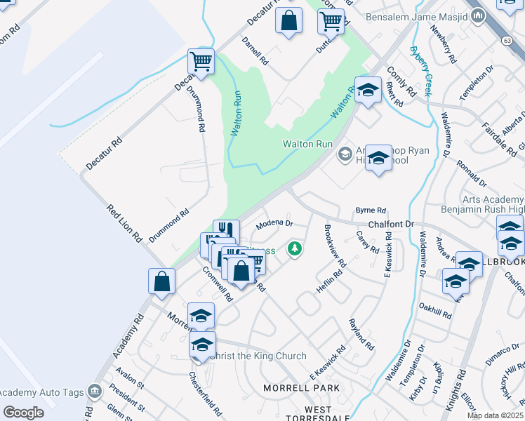 map of restaurants, bars, coffee shops, grocery stores, and more near 3409 Amity Road in Philadelphia