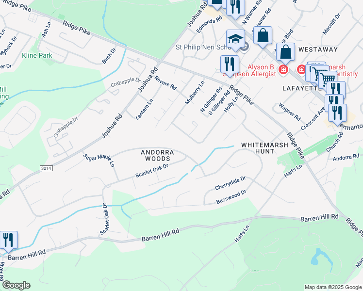 map of restaurants, bars, coffee shops, grocery stores, and more near 26 Pear Tree Lane in Lafayette Hill