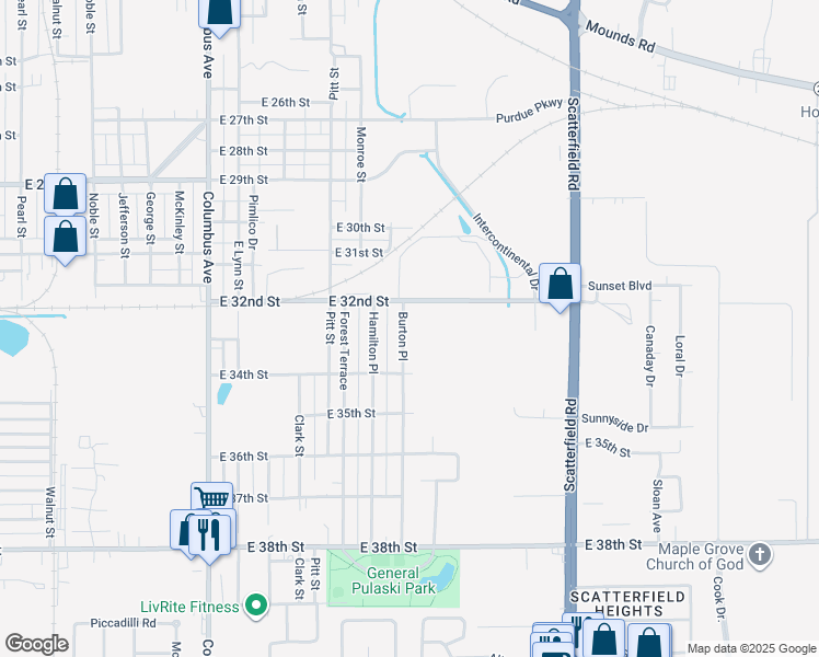 map of restaurants, bars, coffee shops, grocery stores, and more near 3208 Burton Place in Anderson