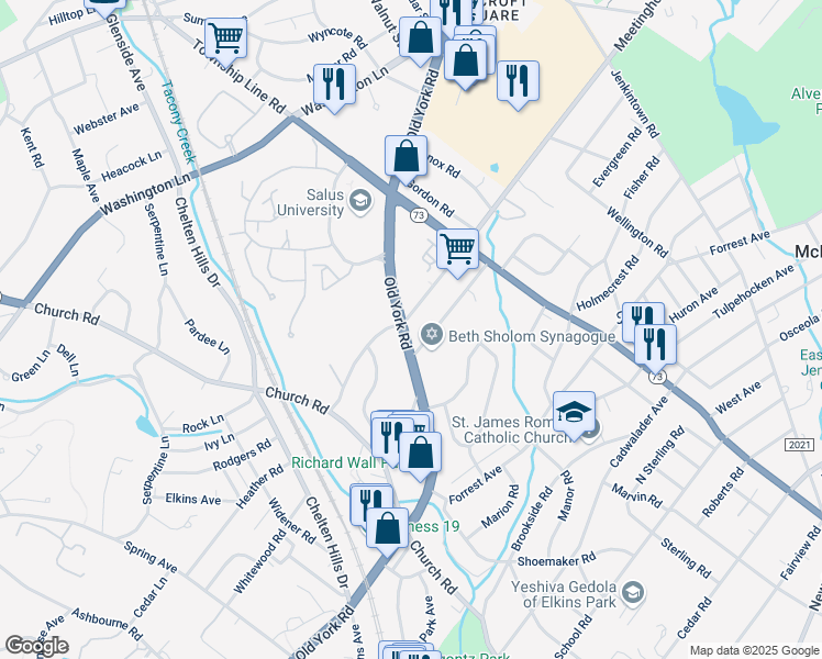 map of restaurants, bars, coffee shops, grocery stores, and more near 8251 Old York Road in Elkins Park