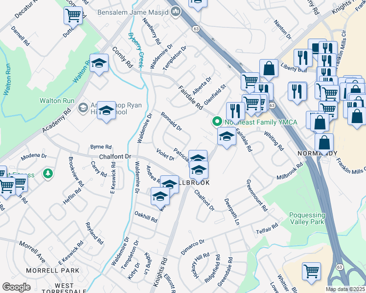 map of restaurants, bars, coffee shops, grocery stores, and more near 11108 Kirby Drive in Philadelphia