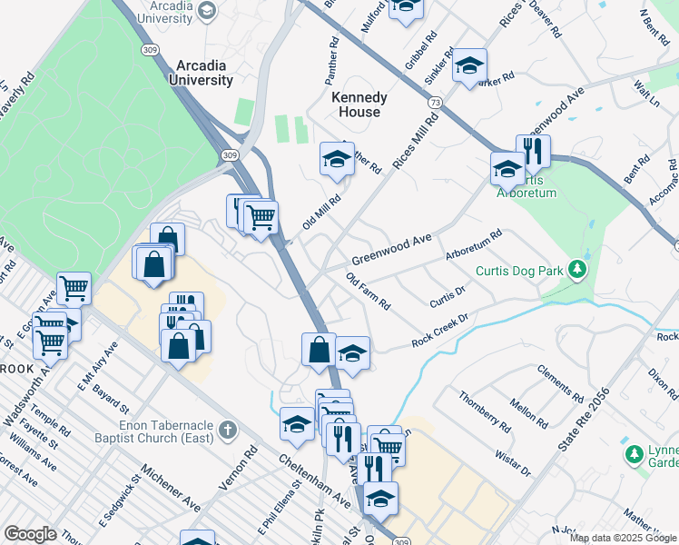 map of restaurants, bars, coffee shops, grocery stores, and more near 1140 Greenwood Avenue in Wyncote
