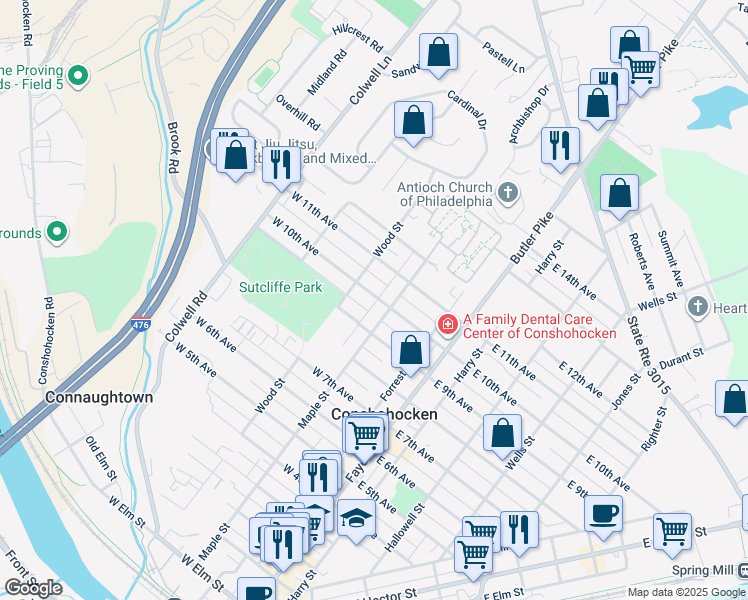 map of restaurants, bars, coffee shops, grocery stores, and more near 213 West 10th Avenue in Conshohocken