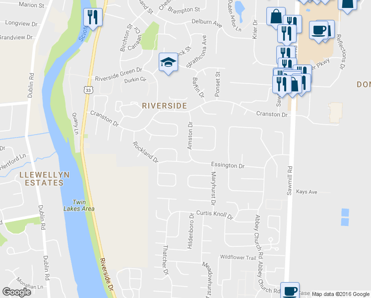 map of restaurants, bars, coffee shops, grocery stores, and more near 6303 Amston Drive in Dublin