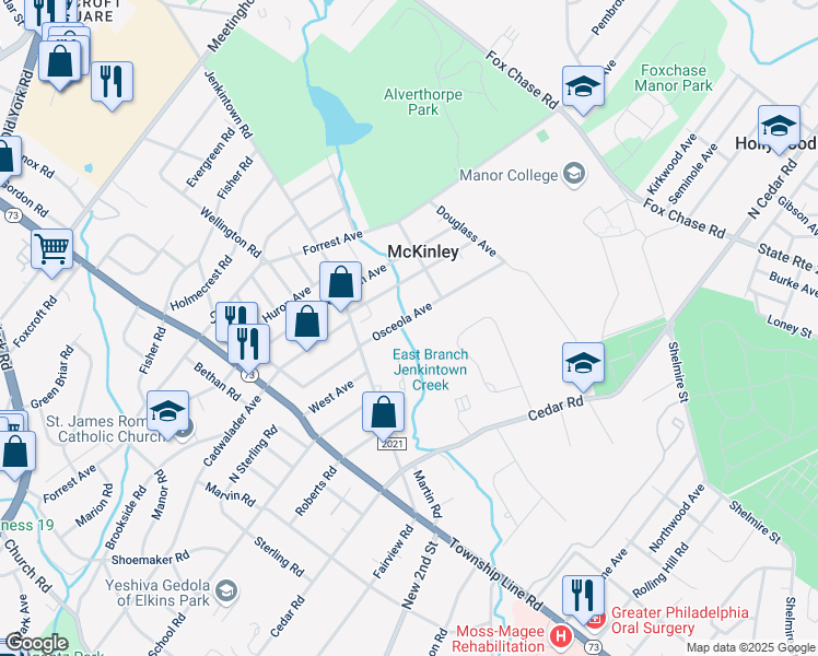 map of restaurants, bars, coffee shops, grocery stores, and more near 343 Osceola Avenue in Elkins Park