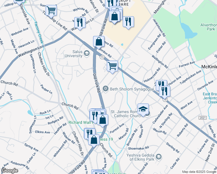 map of restaurants, bars, coffee shops, grocery stores, and more near 668 Foxcroft Road in Elkins Park