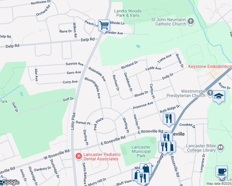 map of restaurants, bars, coffee shops, grocery stores, and more near 1919 Robindale Avenue in Lancaster