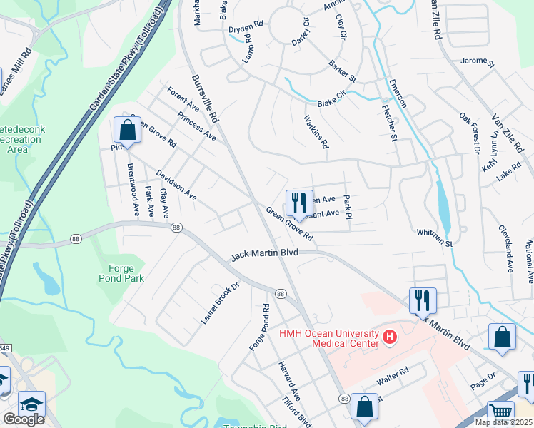 map of restaurants, bars, coffee shops, grocery stores, and more near 1578 Burrsville Road in Brick Township