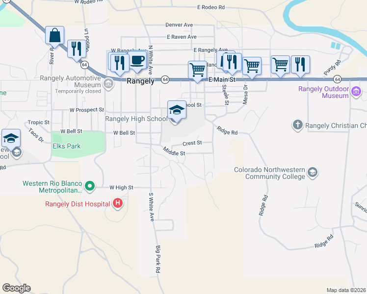 map of restaurants, bars, coffee shops, grocery stores, and more near 235 Crest Street in Rangely