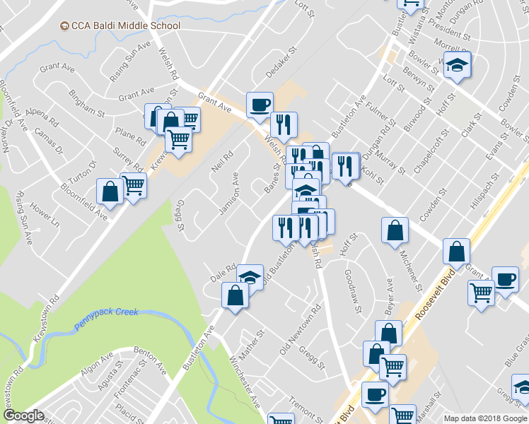 map of restaurants, bars, coffee shops, grocery stores, and more near 9306 Bustleton Avenue in Philadelphia