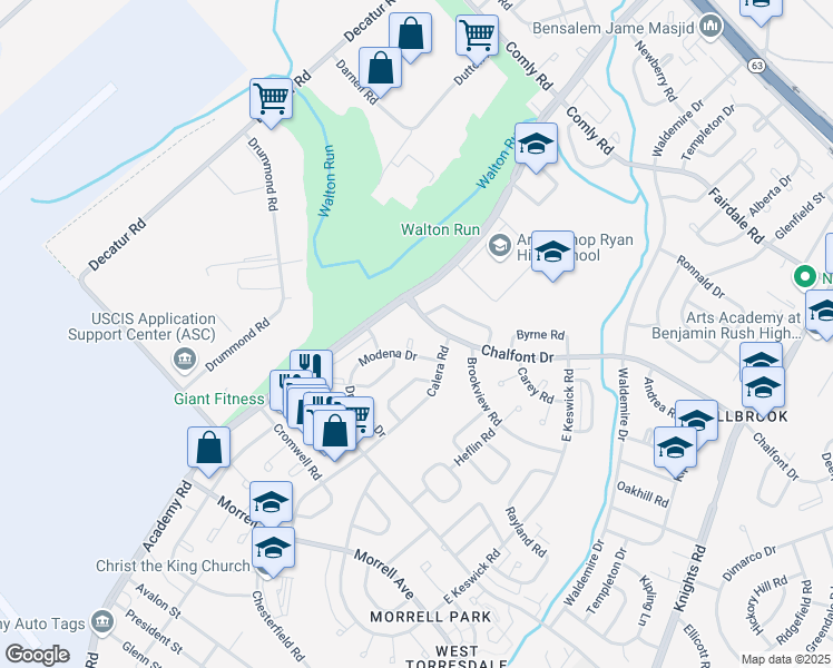 map of restaurants, bars, coffee shops, grocery stores, and more near 10932 Modena Place in Philadelphia