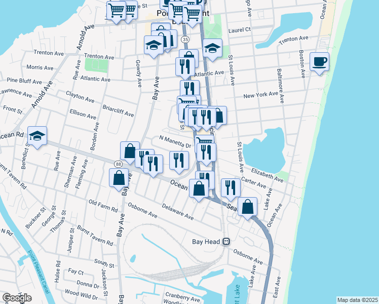 map of restaurants, bars, coffee shops, grocery stores, and more near 1513 Richmond Avenue in Point Pleasant