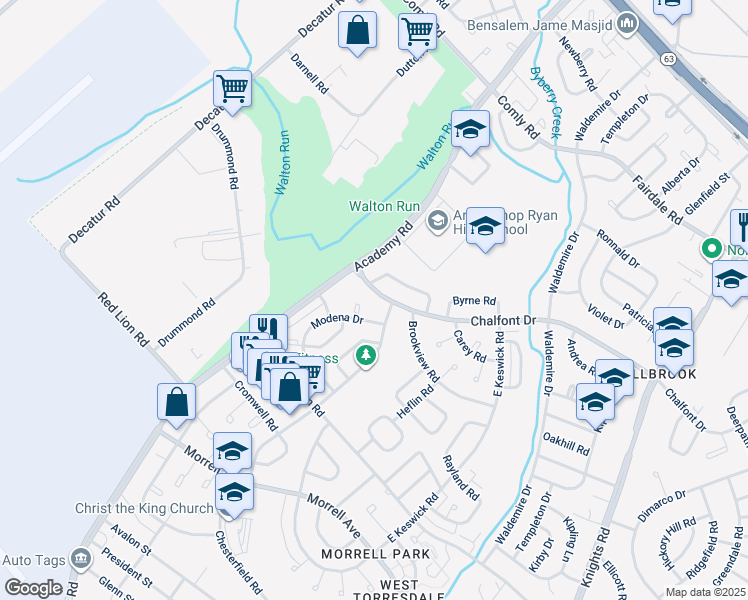 map of restaurants, bars, coffee shops, grocery stores, and more near 3434 Chalfont Drive in Philadelphia
