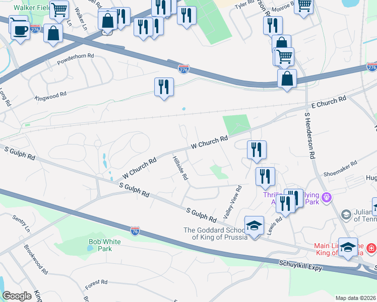 map of restaurants, bars, coffee shops, grocery stores, and more near 446 Lori Lane in King of Prussia