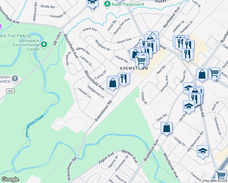 map of restaurants, bars, coffee shops, grocery stores, and more near 8910 Krewstown Road in Philadelphia