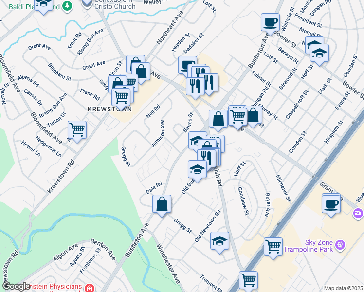 map of restaurants, bars, coffee shops, grocery stores, and more near 9306 Bustleton Avenue in Philadelphia