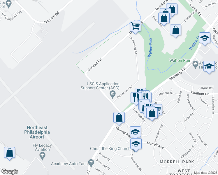 map of restaurants, bars, coffee shops, grocery stores, and more near 3031 Red Lion Road in Philadelphia