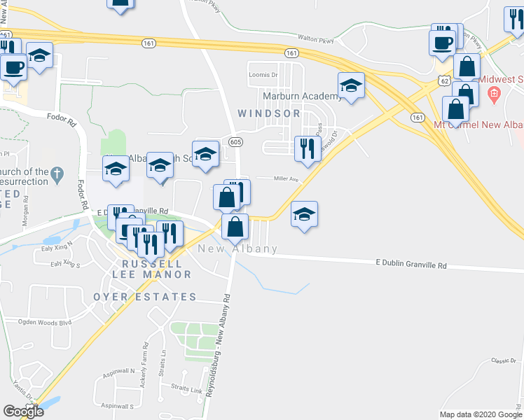 map of restaurants, bars, coffee shops, grocery stores, and more near 14 South High Street in New Albany