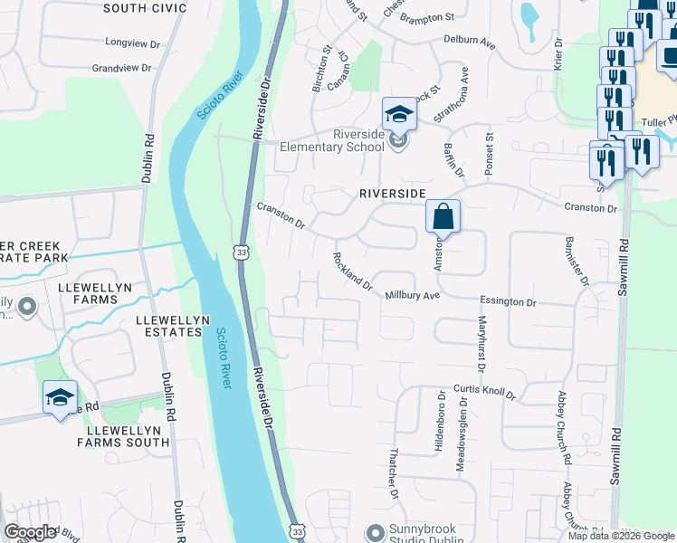 map of restaurants, bars, coffee shops, grocery stores, and more near 6321 Rockland Drive in Dublin