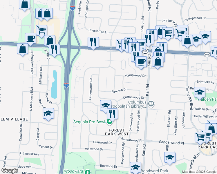 map of restaurants, bars, coffee shops, grocery stores, and more near 5708 Firwood Place in Columbus