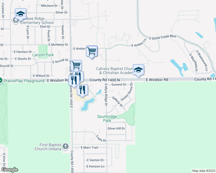 map of restaurants, bars, coffee shops, grocery stores, and more near 1801 Summit Drive in Urbana