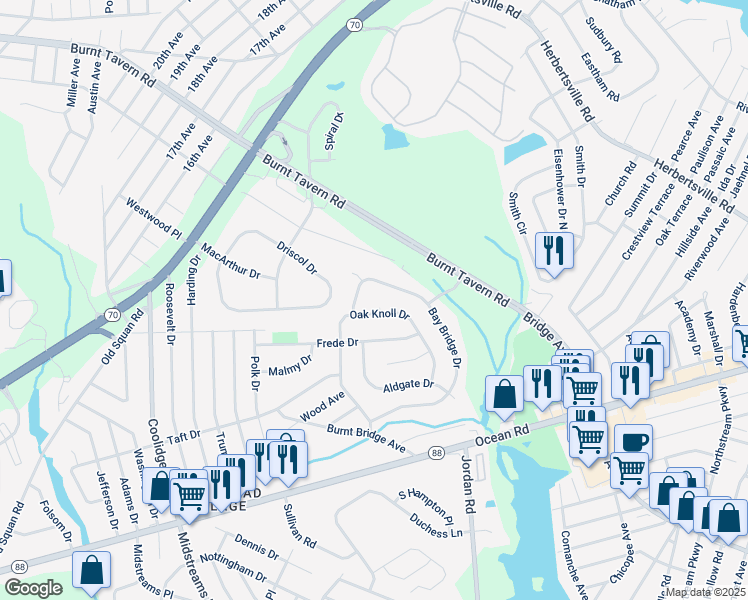 map of restaurants, bars, coffee shops, grocery stores, and more near 4 Drury Court in Brick Township