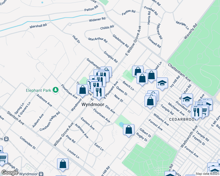 map of restaurants, bars, coffee shops, grocery stores, and more near 1002 East Willow Grove Avenue in Wyndmoor