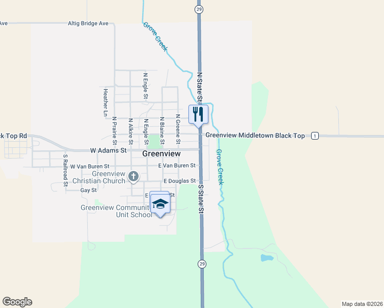 map of restaurants, bars, coffee shops, grocery stores, and more near 301-727 E Adams St in Greenview