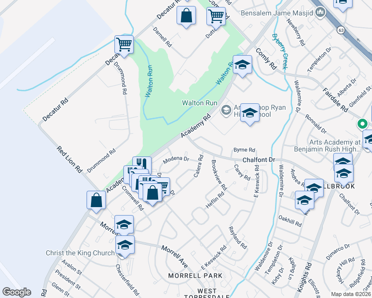 map of restaurants, bars, coffee shops, grocery stores, and more near 3430 Chalfont Drive in Philadelphia